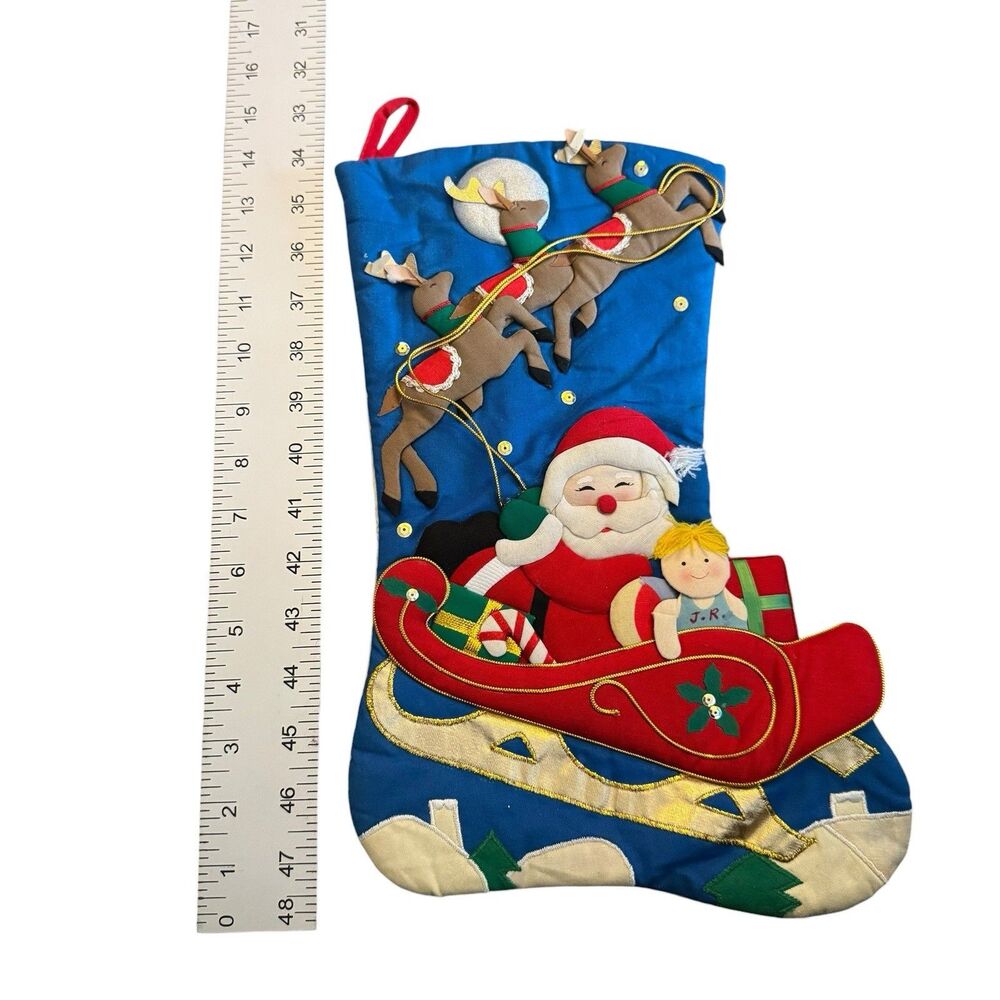 Completed VTG Bucilla Stocking completed Santa Flying Sleigh‎ Reindeer Doll 3D
